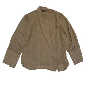 VINTAGE Canelle Paris Taupe Pinstripe Blouse - Mock Neck Balloon Sleeve M